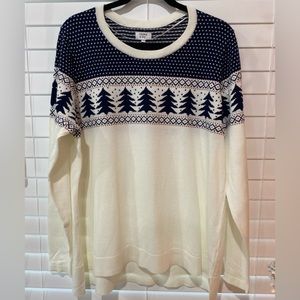 NWT Women’s Ivory Navy Christmas Tree Crown & Ivy Cotton Pullover Sweater XXL